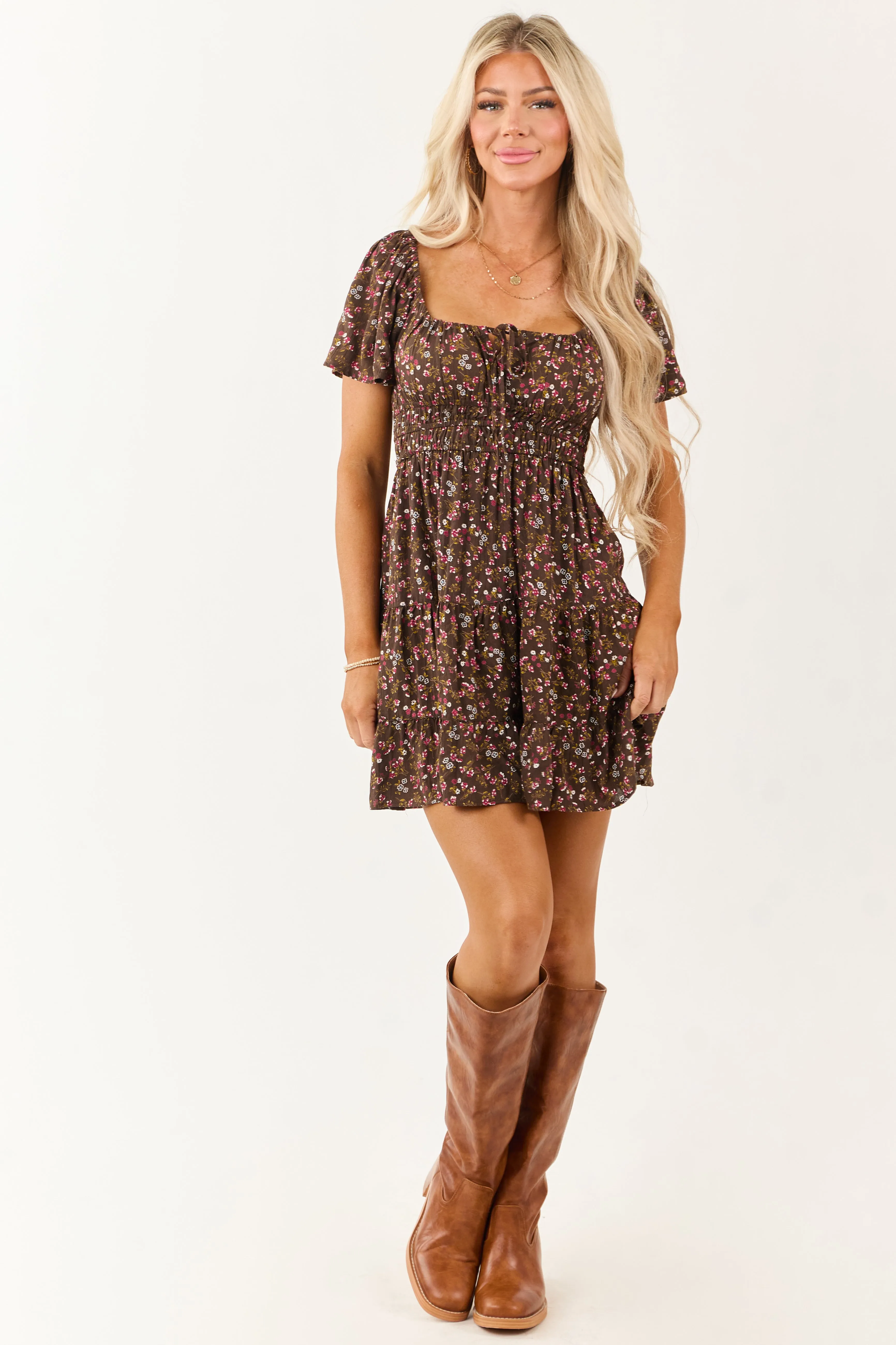 Walnut Floral Print Short Sleeve Mini Dress mermaid style