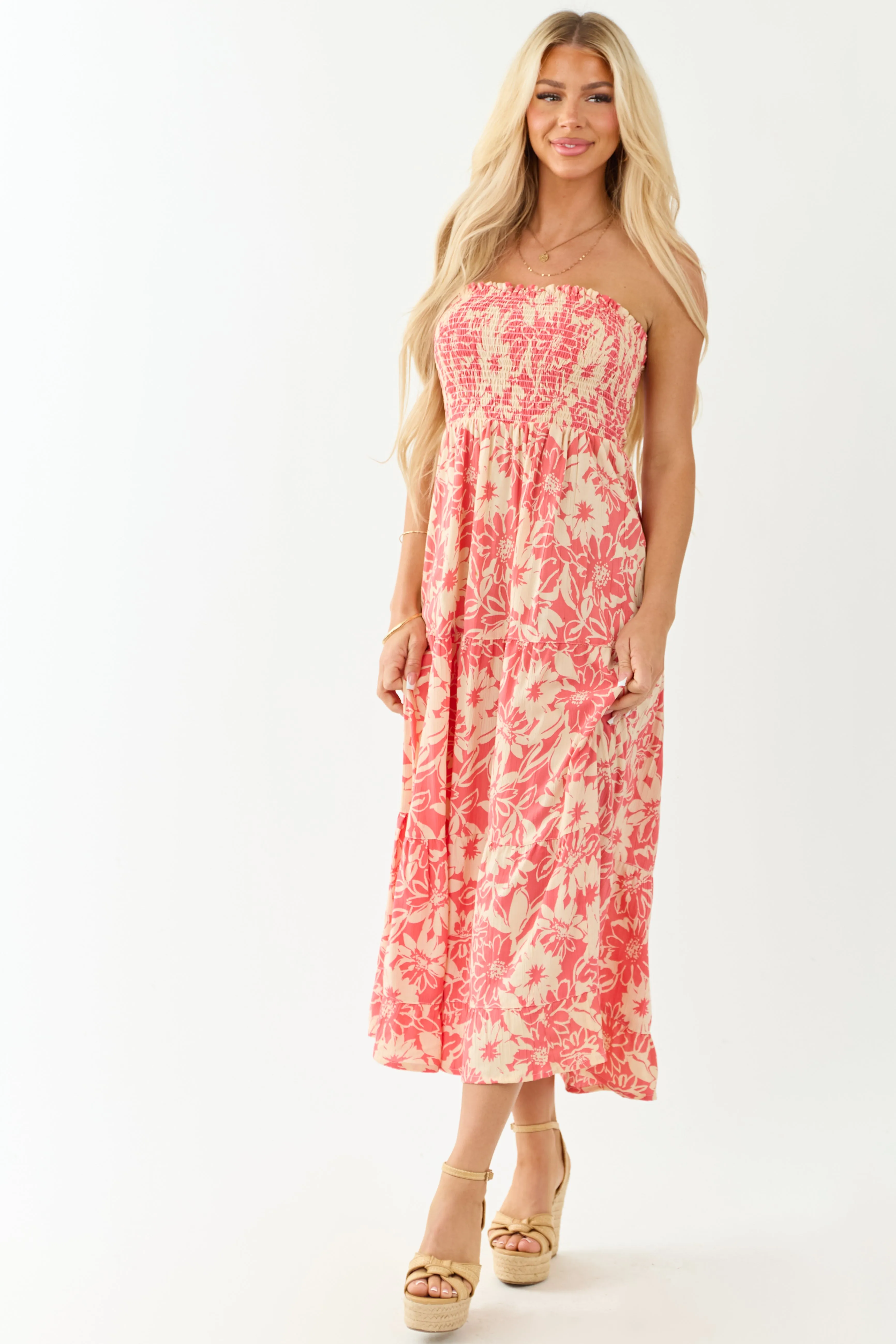 Watermelon and Cream Strapless Smocked Midi Dress prom dress
