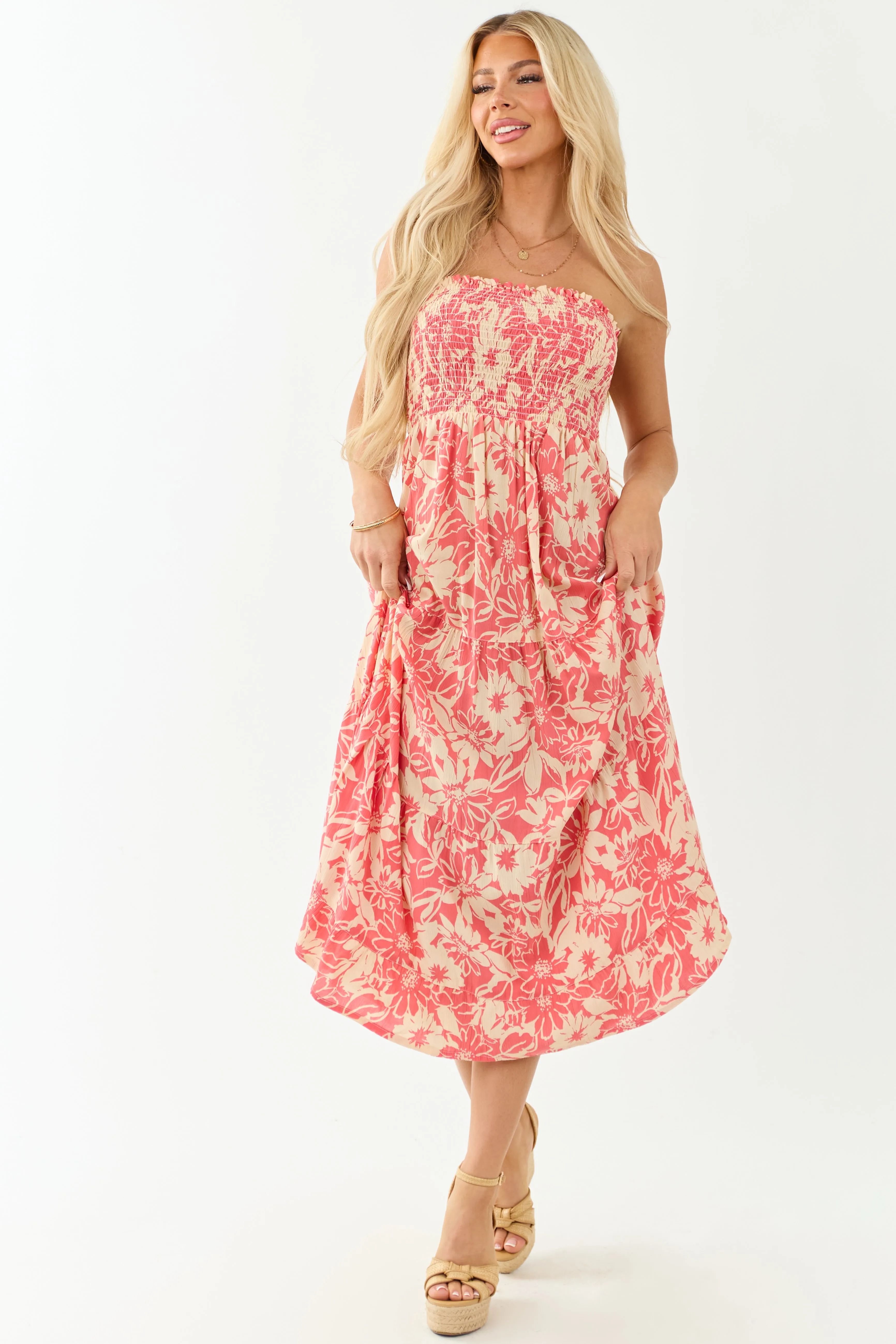 Watermelon and Cream Strapless Smocked Midi Dress prom dress