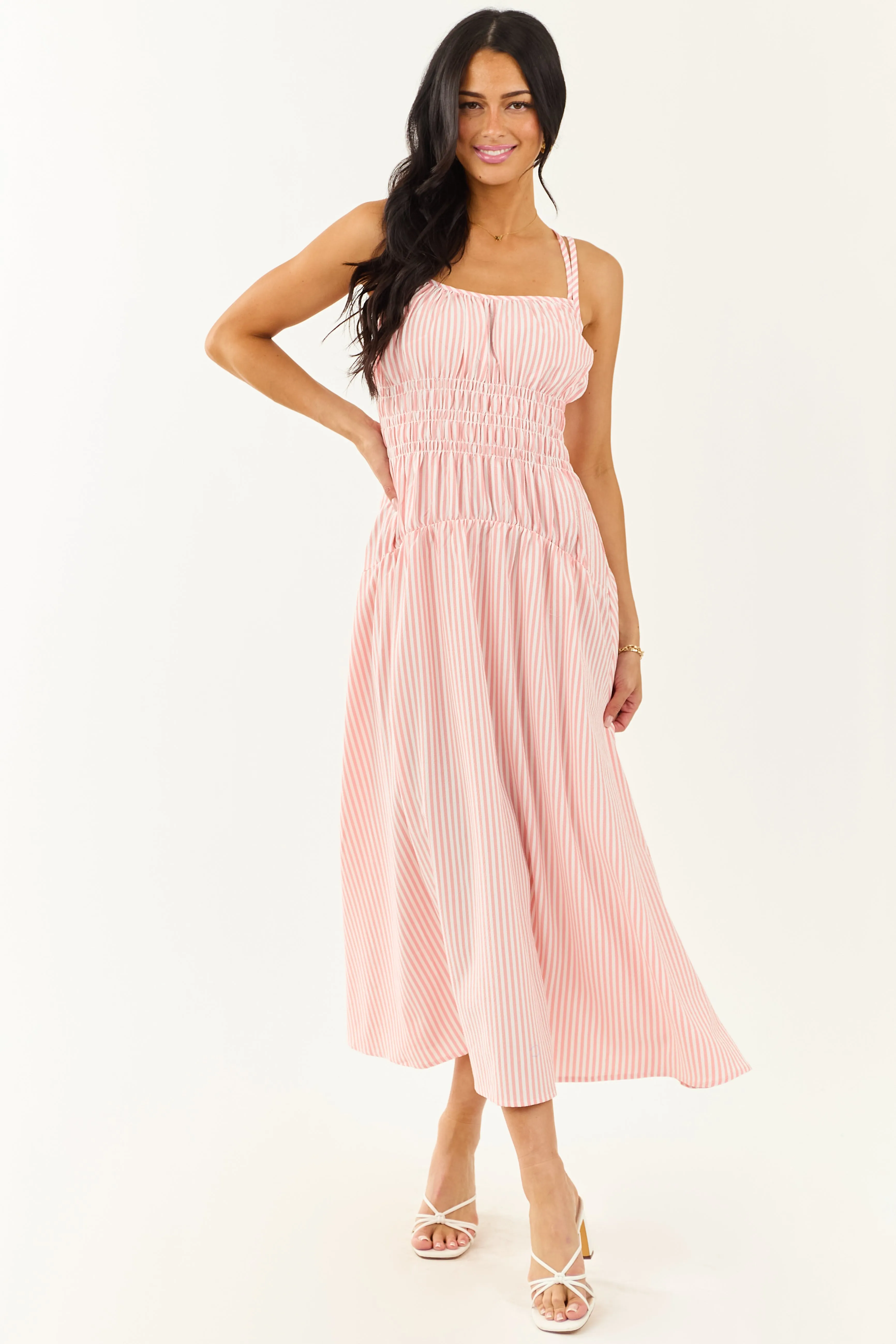 White and Cherry Blossom Striped Sleeveless Maxi Dress square neck