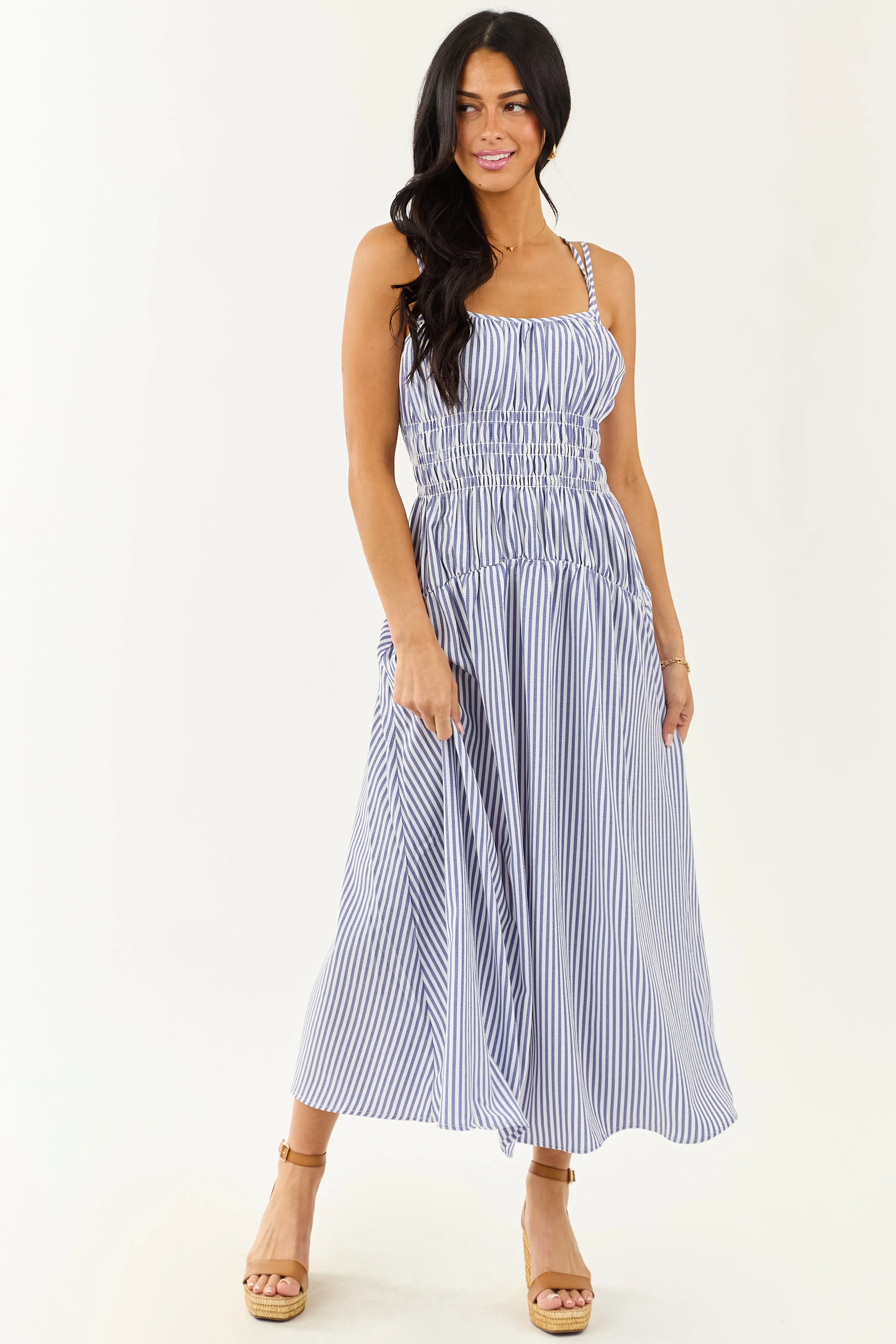 White and Dusty Blue Striped Sleeveless Maxi Dress fringed dress