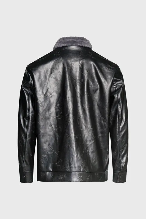 Zip up Waxed Leather Big Paisley Blouson Jacket stylish feel
